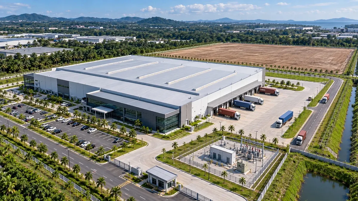 Completed industrial factory with access roads and utility area