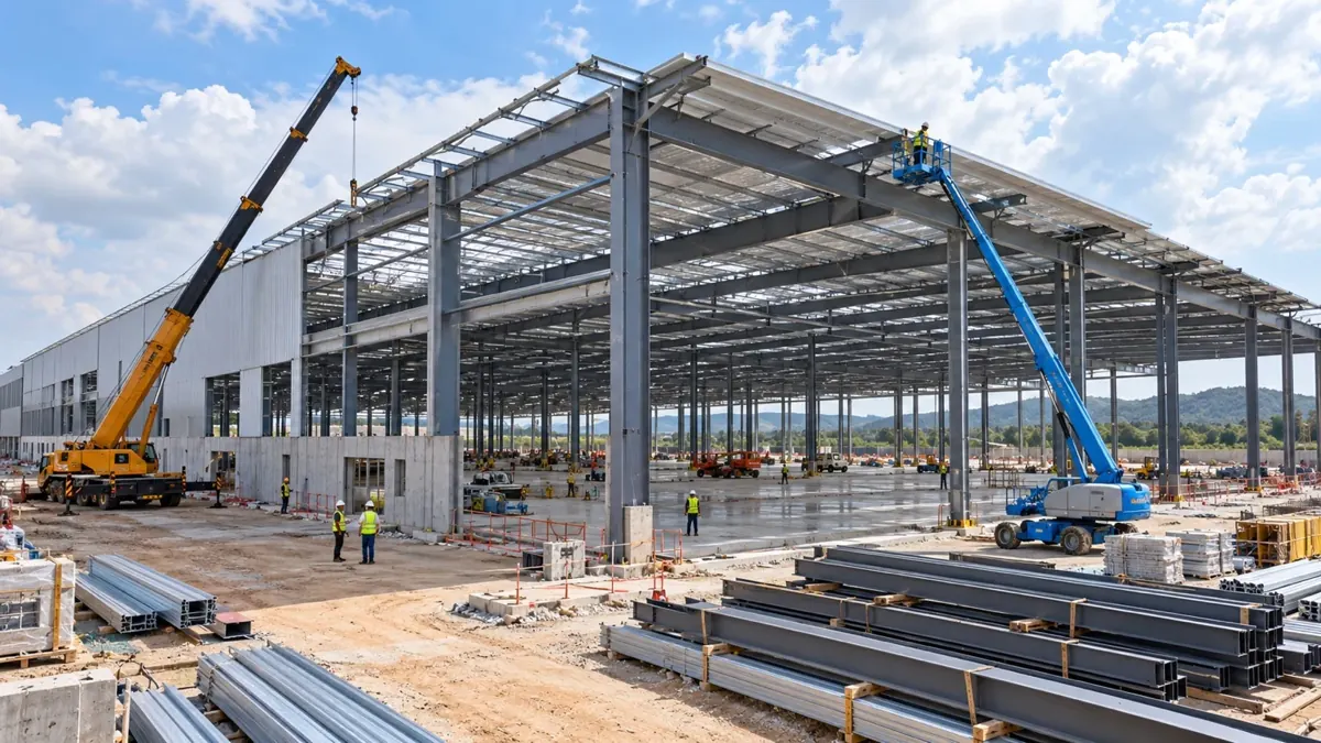 Steel factory structure under construction with cranes