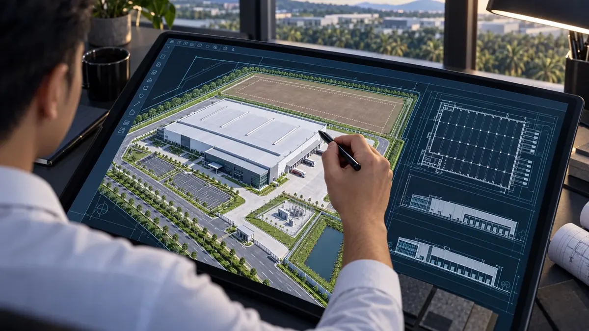 Factory concept design on a drawing tablet