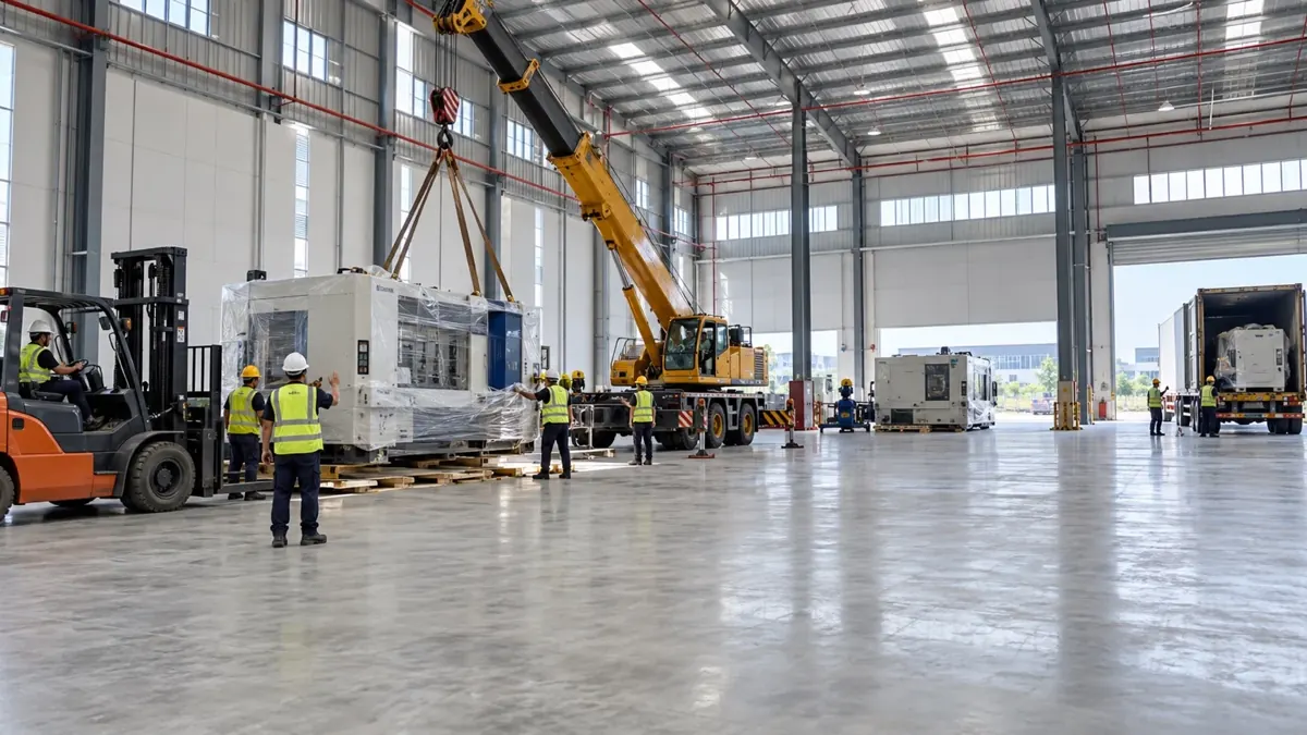 Equipment being moved into a factory using a forklift and mobile crane