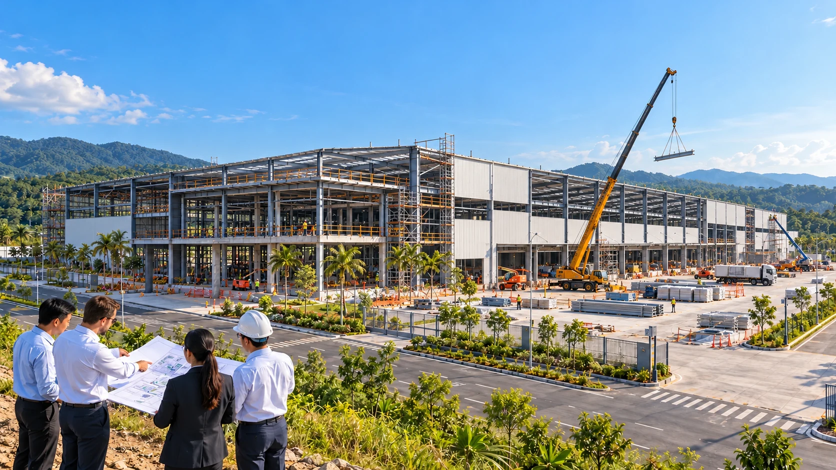 Illustrative factory under construction with an advisory team reviewing building plans