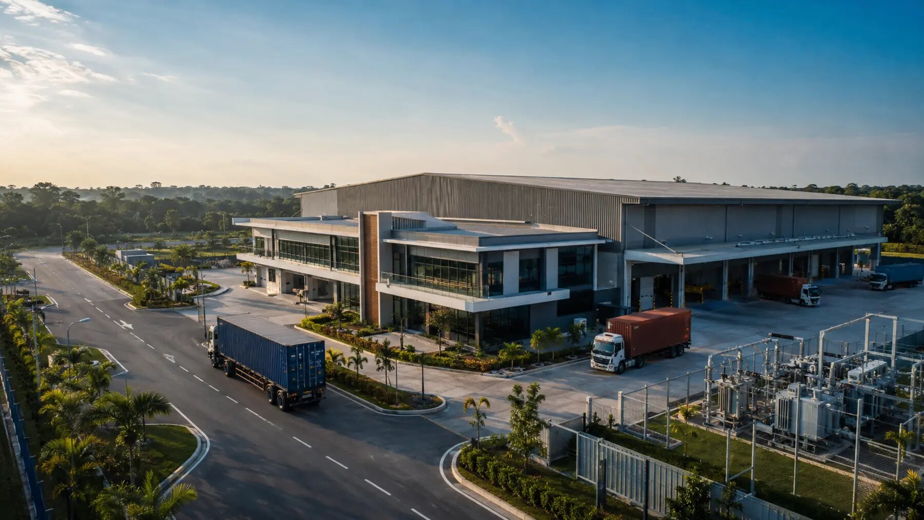Aerial view of a completed industrial manufacturing facility with road and utility infrastructure