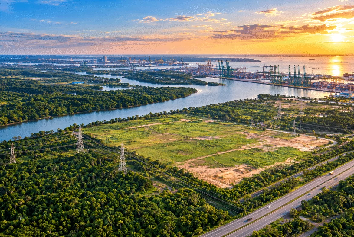Illustrative aerial visual of freehold industrial land near Tanjung Kupang and PTP