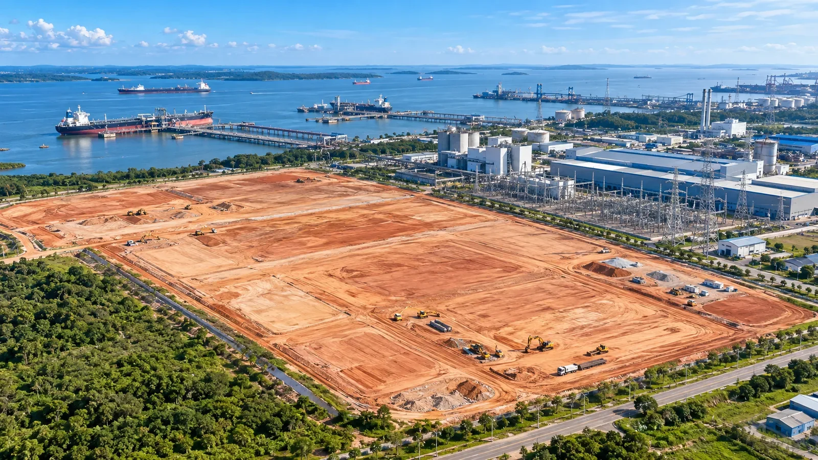 Aerial visual of cleared industrial land and nearby port and utility infrastructure at Tanjung Langsat