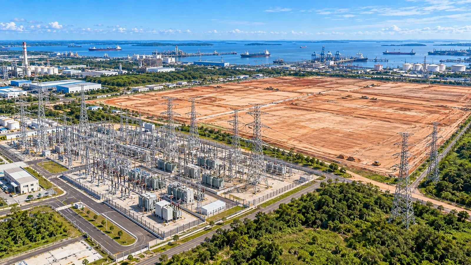 Illustrative industrial land and electrical substation for high-power planning