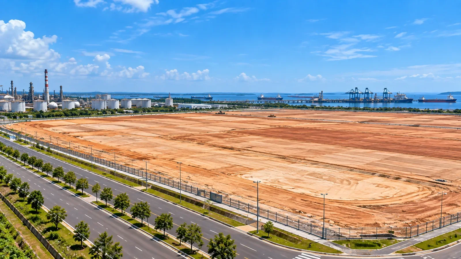 Aerial view of industrial land and port facilities around Tanjung Langsat, Johor
