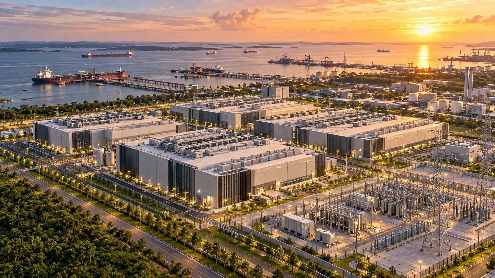 Illustrative data centre campus concept near the Tanjung Langsat industrial waterfront; not an as-built facility